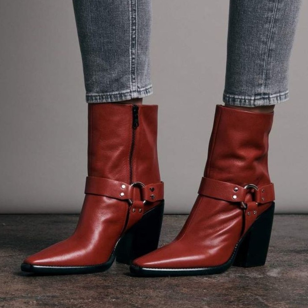 Rag & Bone Boots Rio Western Ruby Red Leather Heeled Harness Designer Size 7